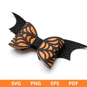 May include: A Halloween-themed bow tie with bat wing accents. The bow tie features a black, textured exterior with an orange interior. The design includes a cut-out pattern on the bow's front. The image also includes the text "SVG PNG EPS PDF".