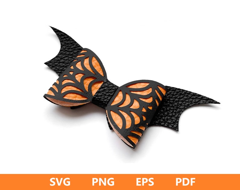 May include: A Halloween-themed bow tie with bat wing accents. The bow tie features a black, textured exterior with an orange interior. The design includes a cut-out pattern on the bow's front. The image also includes the text "SVG PNG EPS PDF".