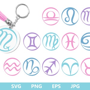 Zodiac Key Ring SVG, Zodiac Signs Keychain SVG, Zodiac Sign Bundle SVG, Key Ring Pattern svg, Zodiac Signs svg png eps jpg