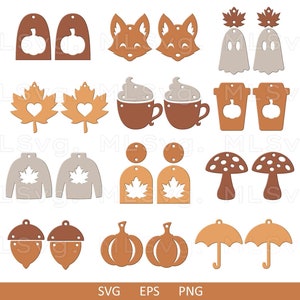 May include: A set of 16 autumn-themed earring designs featuring various fall motifs, including pumpkins, leaves, acorns, mushrooms, coffee cups, and umbrellas. The designs are in shades of brown, orange, and white.