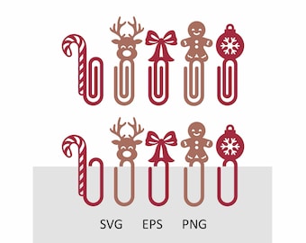 Bookmark Christmas SVG Bundle, Holiday Paperclip Svg, Büroklammer Christmas Svg, Candy Cane Reindeer Laser Cut File, Glowforge Holiday Svg