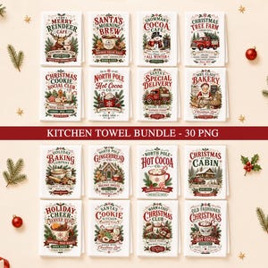 Op de afbeelding: Een digitale collectie van zestien witte theedoekontwerpen met feestelijke kerstthema's, inclusief illustraties van rendieren, cacao, vrachtwagens en vakantieteksten. Elke rechthoekige afbeelding toont unieke seizoensgebonden beelden en typografie.