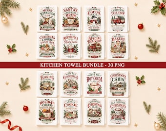 Vintage Christmas Kitchen Towel PNG Bundle, 30 Holiday Sublimation Designs, Retro Baking Towels, Digital Downloads, Christmas Towel Designs