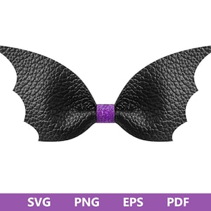 May include: A black bat wing-shaped hair bow with a textured leather appearance. The bow's center is a band of sparkling purple glitter. The design is perfect for Halloween or themed events.