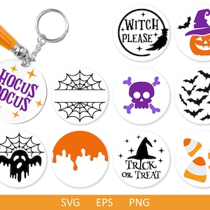 May include: Set of 10 Halloween-themed SVG cut files. The designs include a spiderweb, a skull and crossbones, a witch hat, a ghost, a dripping orange paint, candy corn, bats, and the text "Hocus Pocus", "Witch Please", and "Trick or Treat".