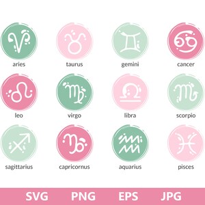 May include: A set of 12 pink and green illustrated zodiac signs. Each sign is a circle with a white outline and a white zodiac symbol inside. The signs are arranged in a grid of four rows and three columns. The signs are: Aries, Taurus, Gemini, Cancer, Leo, Virgo, Libra, Scorpio, Sagittarius, Capricorn, Aquarius, and Pisces.