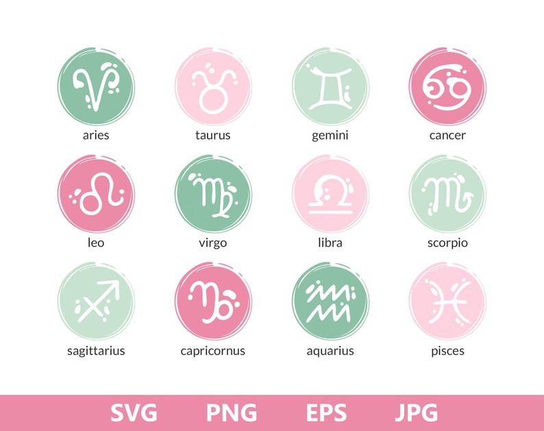 May include: A set of 12 pink and green illustrated zodiac signs. Each sign is a circle with a white outline and a white zodiac symbol inside. The signs are arranged in a grid of four rows and three columns. The signs are: Aries, Taurus, Gemini, Cancer, Leo, Virgo, Libra, Scorpio, Sagittarius, Capricorn, Aquarius, and Pisces.