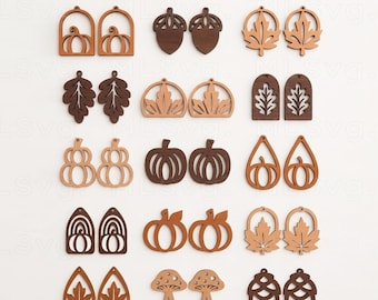 15 Fall Earrings SVG Bundle, Autumn Pumpkin Leaf Mushroom Earrings, Faux Leather Earring Cut Files, Glowforge Cricut Laser Designs, DXF EPS