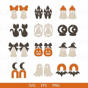 May include: A collection of Halloween-themed cutouts in various designs. Includes ghosts, cats, pumpkins, bats, and crescent moons. The color palette features orange, black, and beige. The image also contains the text "SVG EPS PNG".