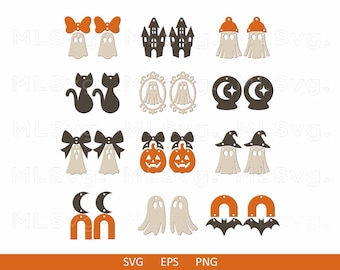 Halloween Earrings SVG Bundle, Ghost Cat Pumpkin Bat Earrings Svg, Haunted House Jewelry Svg, Faux Leather Earrings, Glowforge File