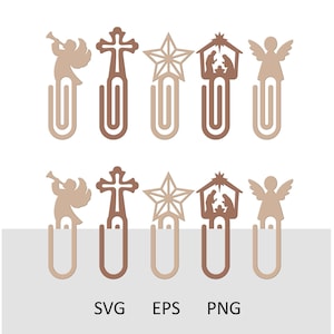 May include: A set of five Christmas-themed paperclip designs. Each paperclip features a different cutout design: an angel playing a trumpet, a cross, a star, a nativity scene, and an angel. The words "SVG", "EPS", and "PNG" are printed below the paperclips.