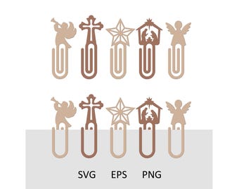 Religious Bookmark SVG Bundle, Nativity Paperclip Svg, Büroklammer Christian Svg, Angel Cross Star Laser Cut File, Glowforge Christmas Svg