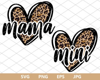 Mama Mini Leopard heart png, Mother&#39;s Day svg, Leopard heart jpg, cheetah heart svg, love heart svg, family t-shirt design, mother daughter