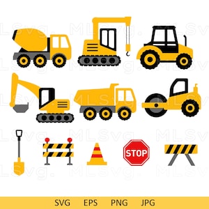 May include: A set of yellow construction vehicle clip art images, including a cement mixer, excavator, dump truck, road roller, and a shovel.  There are also construction signs, including a stop sign, a traffic cone, and a barricade.