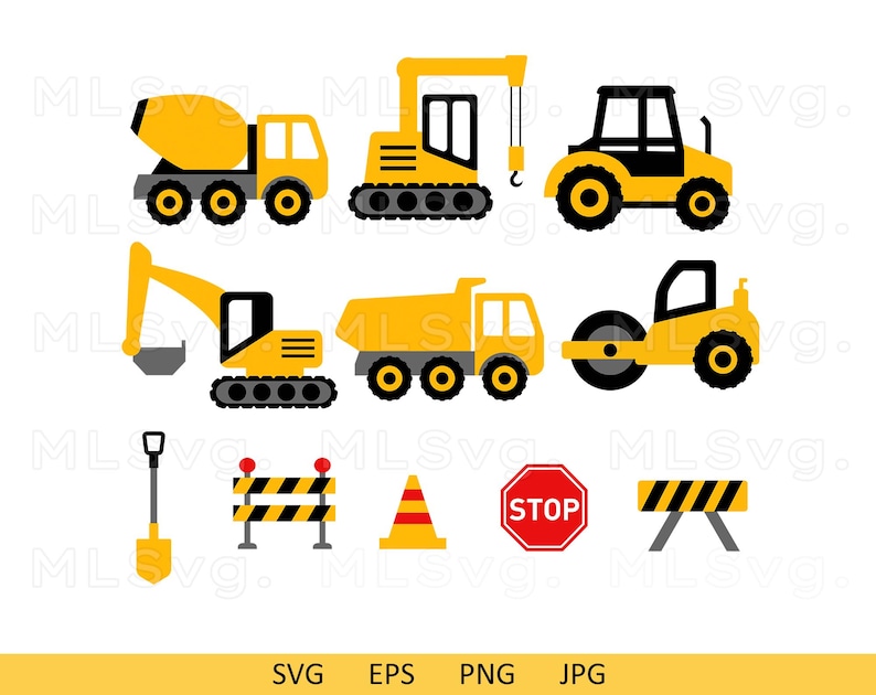 May include: A set of yellow construction vehicle clip art images, including a cement mixer, excavator, dump truck, road roller, and a shovel.  There are also construction signs, including a stop sign, a traffic cone, and a barricade.