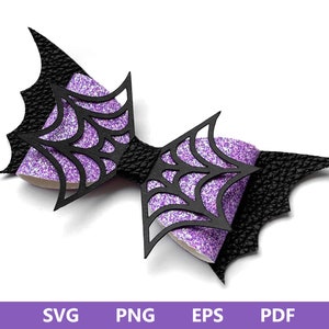Op de afbeelding: Een zwarte en paarse glitter strik met een spinnenweb ontwerp. De strik is gevormd als vleermuisvleugels.