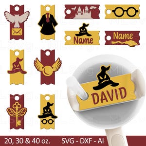 May include: Set of ten printable Harry Potter themed gift tags in red and gold with various images including a sorting hat, a golden snitch, a Hogwarts castle, a pair of glasses, a letter, a wand, and a house crest. The tags are designed for 20, 30, and 40 ounce containers.