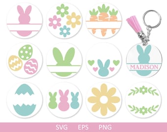 Easter Keychain SVG, Keychain SVG Bundle, KeyRing Pattern SVG, Bunny Svg, Easter Svg, Painted Eggs Svg, Round Keychain Svg Bundle