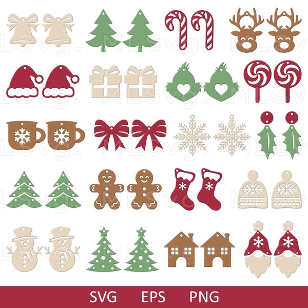 Lindos pendientes de Navidad Paquete SVG, Pendientes SVG, Archivo de corte de Navidad, Pendientes de cuero sintético, Archivo para Cricut, Glowforge Svg, Adornos de Navidad