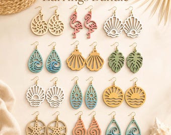 Summer Sea Earrings SVG Bundle, Summer Beach Earrings, Flamingo Earring SVG, Glowforge Earrings, Xtool Cnc File, Seashell Earring, Coastal