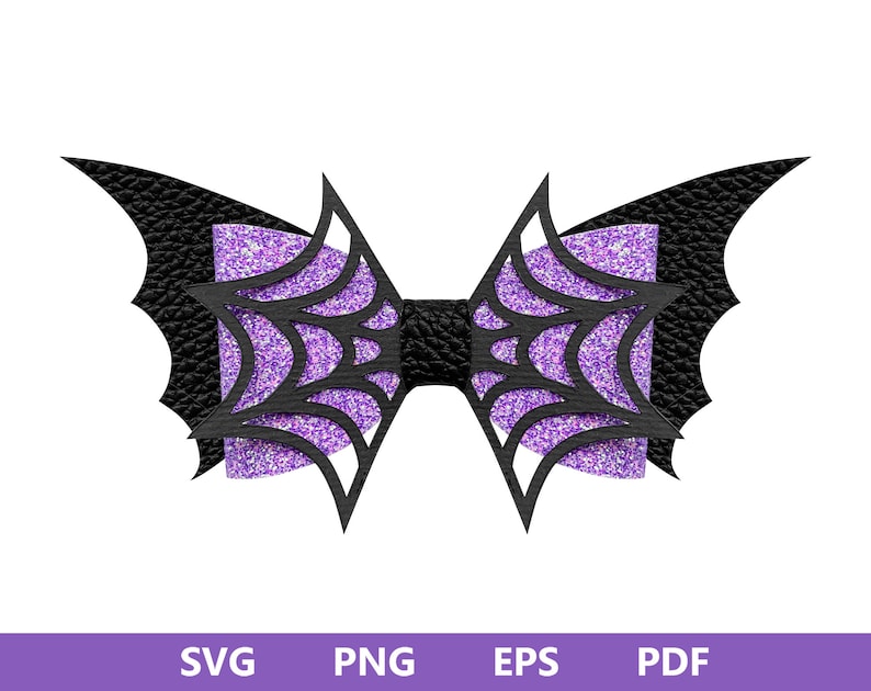 Op de afbeelding: Zwarte strik met paars glitterend spinnenwebdesign en vleermuisvleugels.