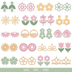 Paquete SVG de aretes de flores, aretes de flores SVG, plantillas de aretes SVG, aretes de cuero sintético SVG, Glowforge SVG, aretes de cuero Cricut