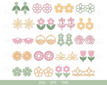Paquete SVG de pendientes de flores, pendientes de flores SVG, plantillas de pendientes SVG, pendientes de piel sintética SVG, Glowforge SVG, pendientes de piel Cricut
