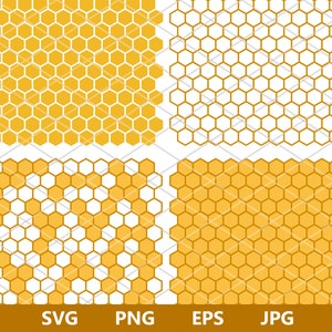 May include: Four different variations of a honeycomb pattern. The top left image is a solid yellow honeycomb pattern. The top right image is a white honeycomb pattern with a thin black outline. The bottom left image is a yellow honeycomb pattern with white hexagons interspersed. The bottom right image is a solid yellow honeycomb pattern.