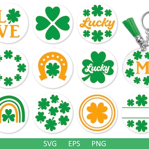 Puede incluir: Una colección de diseños redondos con temática del Día de San Patricio con tréboles, herraduras y la palabra "Lucky". Los diseños son en verde y naranja sobre un fondo blanco. Un diseño incluye un llavero con una borla verde.