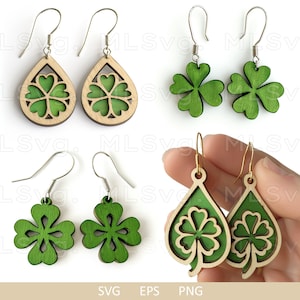 May include: Four pairs of wooden earrings with a four-leaf clover design. The earrings are available in two styles: a teardrop shape with a green clover inside and a simple clover shape.