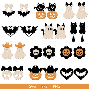 May include: Set of 12 Halloween-themed earring designs featuring various spooky and festive elements, including bats, ghosts, pumpkins, skulls, and bows. The designs are in black, orange, white, and beige.