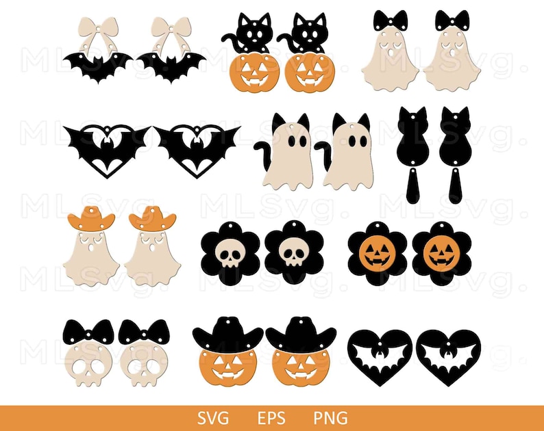 May include: Set of 12 Halloween-themed earring designs featuring various spooky and festive elements, including bats, ghosts, pumpkins, skulls, and bows. The designs are in black, orange, white, and beige.