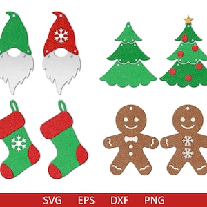 May include: A set of Christmas-themed SVG cut files, including a gnome, a stocking, a Christmas tree, and a gingerbread man. The designs are in red, green, white, and brown.