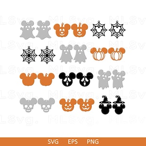 May include: A set of 12 Halloween-themed earring designs. The designs include ghosts, pumpkins, Mickey Mouse ears, and spiderwebs. The earrings are in black, white, orange, and gray.