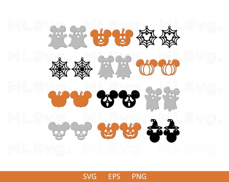 May include: A set of 12 Halloween-themed earring designs. The designs include ghosts, pumpkins, Mickey Mouse ears, and spiderwebs. The earrings are in black, white, orange, and gray.