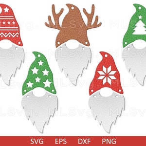 May include: Five Christmas gnome SVG cut files. The gnomes are wearing red, green, and brown hats with different designs. The gnomes have white beards and are ready to be cut out and used for crafts.