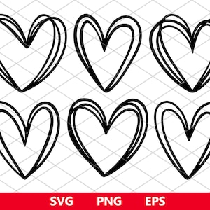 Paquete de corazones SVG, corazón dibujado a mano SVG, corazón garabato SVG, corazón boceto SVG, silueta SVG, Cricut SVG, día de San Valentín SVG, EPS, png