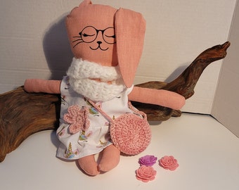 linen rabbit plush toy, rag doll with clothes, children's toy, doggie from the Adélie Collection