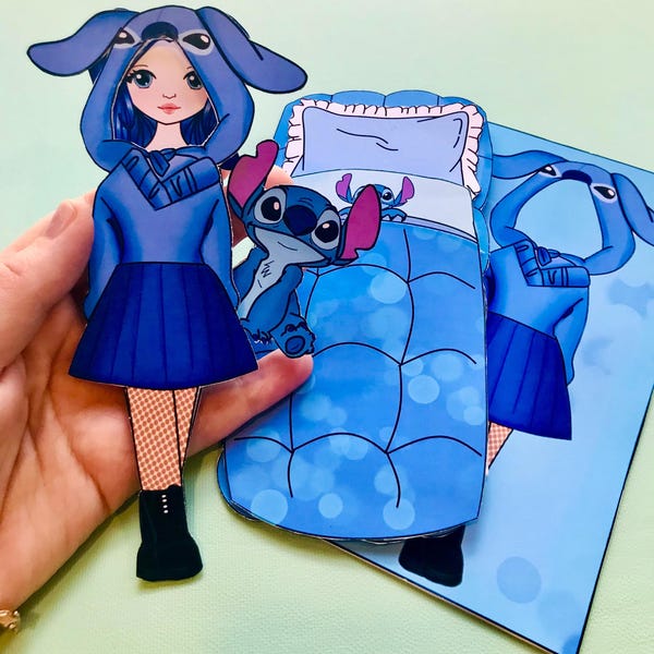 Printable Paper Doll  with sleeping bag, Stitch Set,  toys and outfits, Dress up , Crafts for children, Digital download