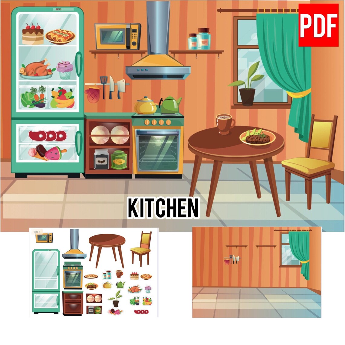 Printable dollhouse kitchen with 25 elements furniture food Etsy