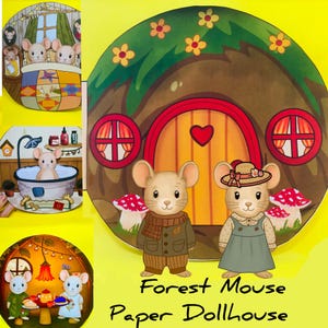 Könnte beinhalten: Ein farbenfrohes Papierpuppenhaus mit Waldmaus-Motiv. Das Bild zeigt ein Haus mit roter Tür und zwei Mäusefiguren. Der Text "Forest Mouse Paper Dollhouse" ist unten im Bild zu sehen.