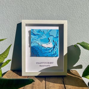 Carte personnalisée de Nantucket, Massachusetts | Bathymétrie en papier stratifié 3D | ENCADRÉ | Carte personnalisée de l'île