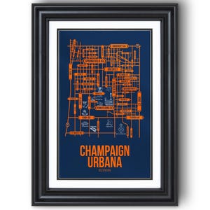 Champaign Urbana, Illinois Street Map – College Town Wall Art, Framed or Unframed Print, Dorm Room or Graduation Gift