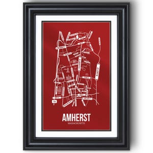 Amherst, Massachusetts Straßen Karte, Universitätsstadt Wandkunst, gerahmter oder ungerahmter Druck, Studentenwohnheim oder Abschlussgeschenk