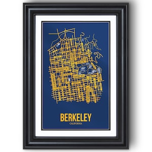 Mapa de Berkeley, California: Arte mural de la ciudad universitaria, impresión enmarcada o sin enmarcar, regalo para dormitorio o graduación.
