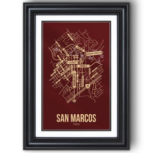 Stratenplan San Marcos, Texas – kunst aan de muur College Town, ingelijste of niet-ingelijste print, slaapzaal of afstudeercadeau