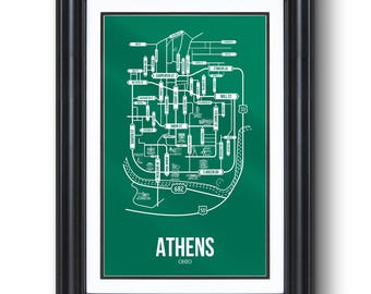 Mapa de calles de Atenas, Ohio: Arte mural de la ciudad universitaria, impresión enmarcada o sin marco, regalo para dormitorio o graduación.