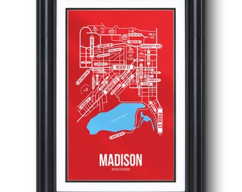 Stratenplan Madison (Wisconsin) – Muurkunst universiteitsstad, ingelijste of niet-ingelijste print, slaapzaal of afstudeercadeau