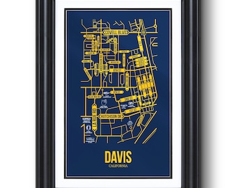 Davis, California Street Map – University Town Wall Art, Framed or Unframed Print, Dorm Room or Graduation Gift