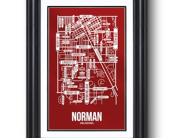 Mapa de calles de Norman, Oklahoma: Arte mural de la ciudad universitaria, impresión enmarcada o sin marco, regalo para dormitorio o graduación.